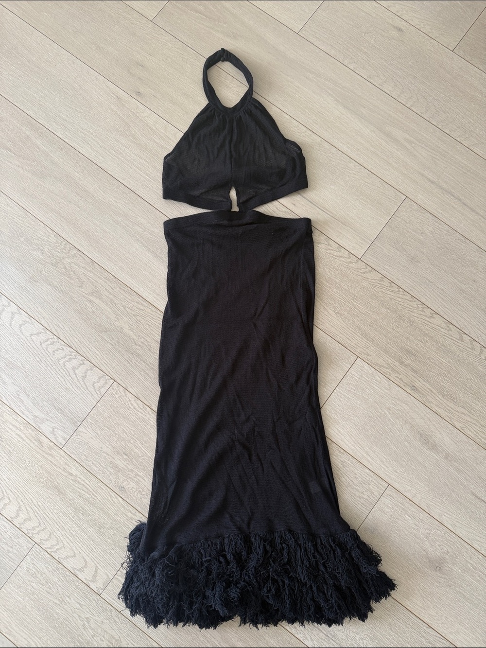 Antonio Melani x M.G. Style Black Halter Fringe Swim Cover Up Dress Sz Lg Mesh